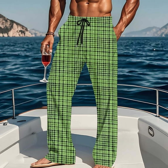 Txeol Mens Green Plaid Pj Pants Lightweight Elastic Waist Lounge Pants Big and Tall Straight Leg Drawstring Trousers with Pockets,L