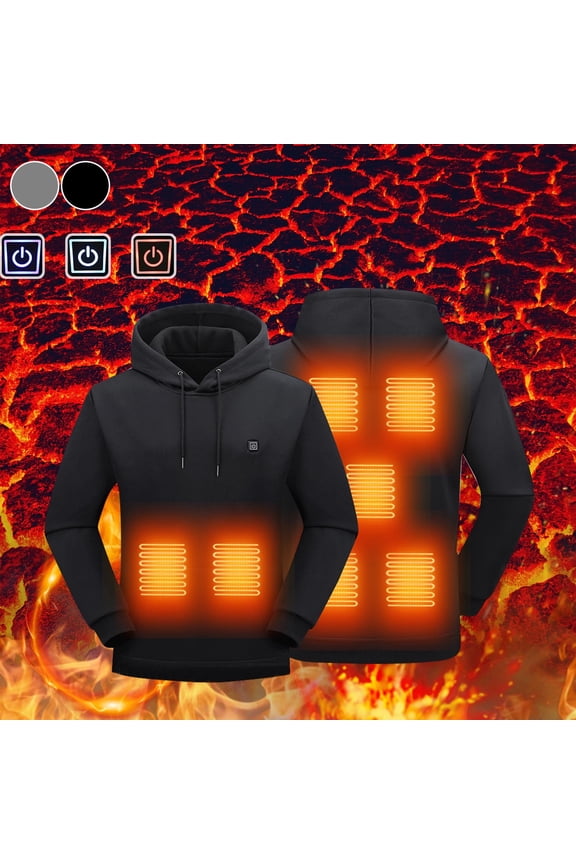 Mens Heated Jacket with 7 Heating Zones USB Rechargeable Heated Coats Winter Long Sleeve Zipper Hooded Jackets,Black,XL