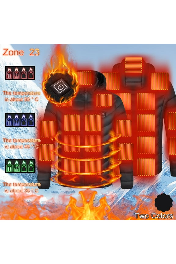 Mens Heated Jackets Thermal 23 Heating Zones Coat with Pockets Lightweight USB Charing Hooded Down Jacket for Winter Clothes,Black,XXL