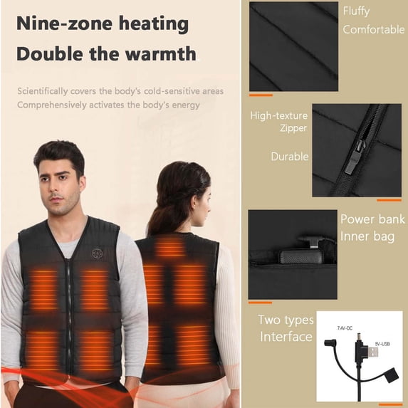 Txeol Mens Heated Vest with 9 Heating Zones Electric USB Heated Coats Winter Sleeveless Zip Up Fleece Warm Jackets,Black,XXXL