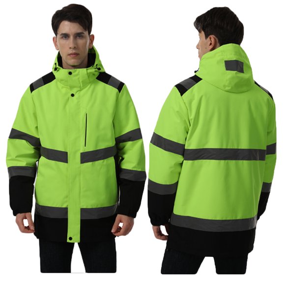 Txeol Mens Hi Vis Insulated Rain Jacket with Hood 29 Heating Zones USB Charging Hooded Coats Outdoor Work Reflective Waterproof Windbreaker,Green,XXXL