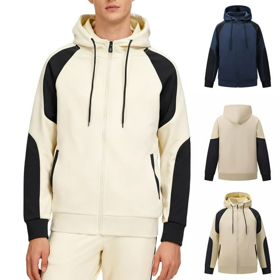 Txeol Mens Hooded Athletic Jacket Color Block Full Zip Sweatshirt Hoodies with Pocket Lightweight Outdoor Workout Jackets,Beige,XL