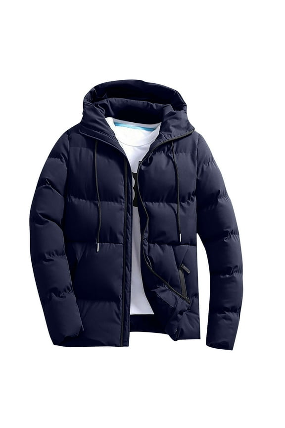 Mens Hooded Puffer Jacket Lightweight Zip Up Warm Coats with Pockets Winter Outdoor Windbreaker Jackets,Navy,L