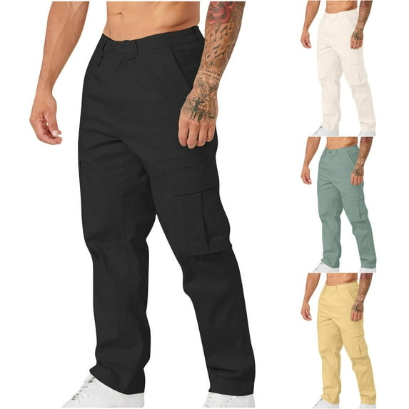 Txeol Mens Jogger Cargo Pants with Pockets Straight Leg Solid Color Winter Sweatpants Fall Lightweight Outdoor Loungewear,Black,XL