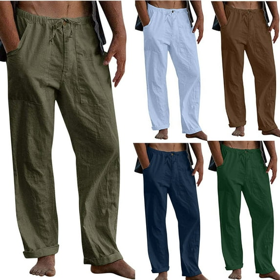 Txeol Mens Linen Pants Yoga Beach Elastic Waist Baggy Trousers with Pockets Solid Color Lightweight Comfy Pants,Green,XXXL