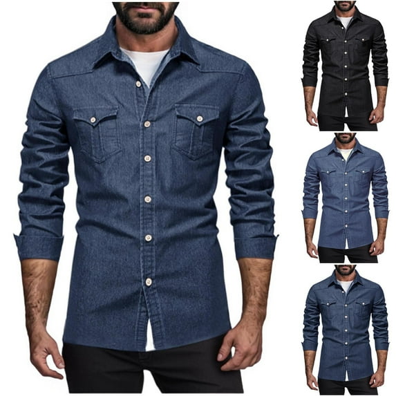 Txeol Mens Long Sleeve Denim Shirts Button Down Lapel Collar Tees with Pockets,Navy,XXXL