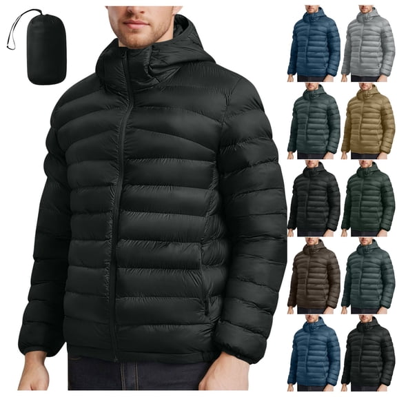 Txeol Mens Packable Puffer Hooded Jacket Lightweight Full Zip Quilted Jackets with Pockets Winter Outdoor Warm Windbreaker,Brown,M