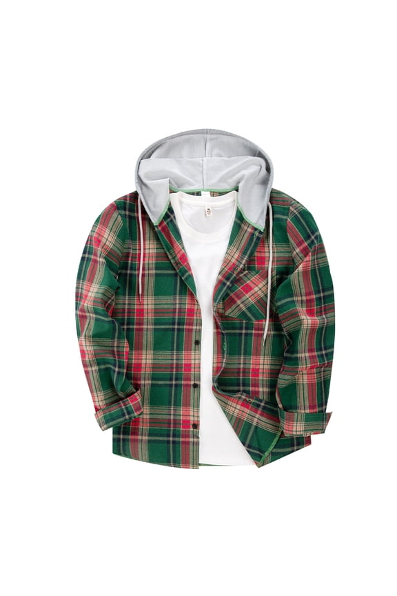 Mens Plaid Hoodies Jacket Casual Button Down Hooded Sweatshirts Fall Preppy Long Sleeve Checkered Shackets Outwear with Pocket,Army Green S