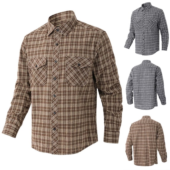 Txeol Mens Plaid Long Sleeve Dress Shirts Casual Button Down Lapel Collar Shacket Regular Fit Work Tops with Chest Pocket,Brown,M