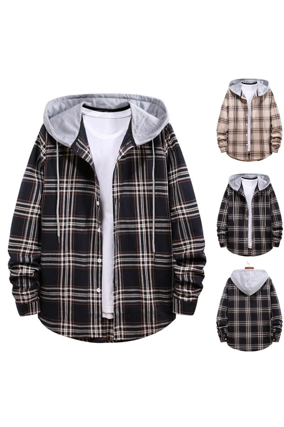 Mens Plaid Long Sleeve Hoodie Casual Button Down Lightweight Shacket Teen Boys Hooded Shirt Jackets,Black S
