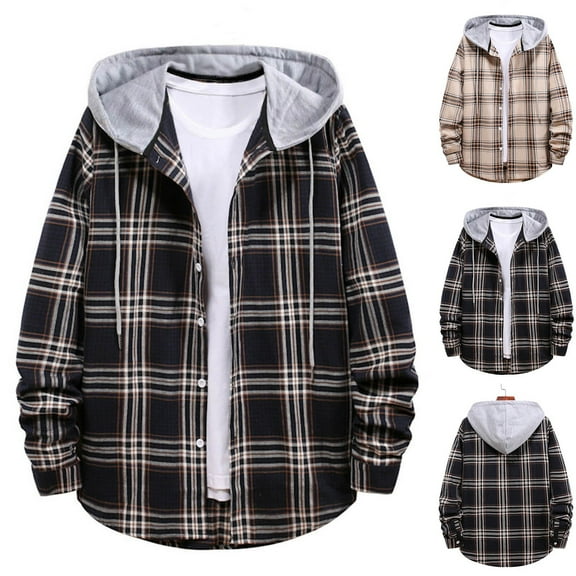 Txeol Mens Plaid Long Sleeve Hoodie Casual Button Down Lightweight Shacket Teen Boys Hooded Shirt Jackets,Black XL