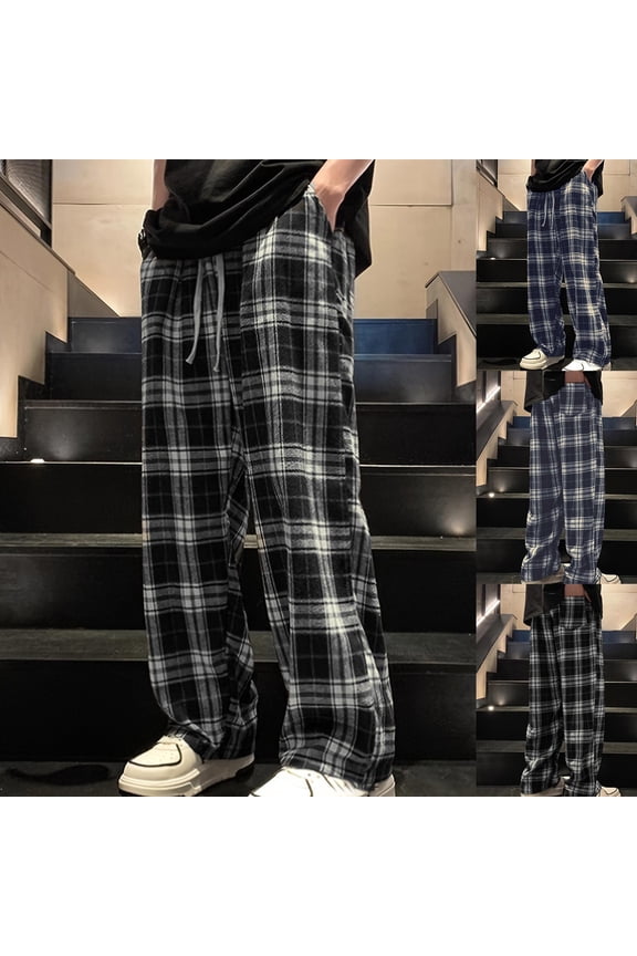 Mens Plaid Lounge Pants Lightweight Elastic Waist Pajama Pants with Pockets Casual Straight Leg Drawstring Trousers,Navy,M