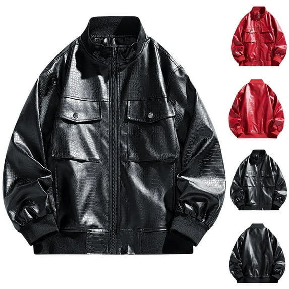 Txeol Mens Pu Leather Jacket Casual Stand Collar Zipper Motorcycle Bomber Coats 90s Vintage Biker Moto Jackets 2025,Red,L