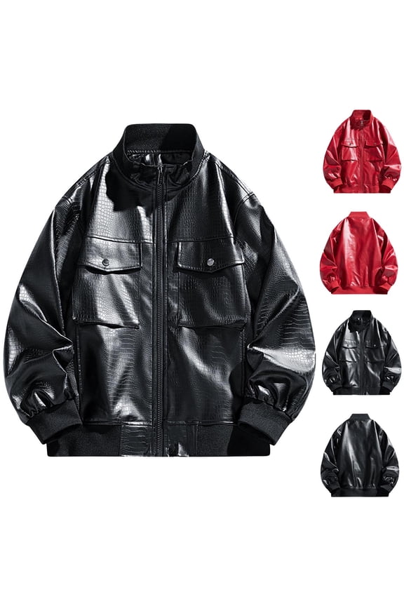 Mens Pu Leather Jacket Casual Stand Collar Zipper Motorcycle Bomber Coats 90s Vintage Biker Moto Jackets 2025,Red,XXL