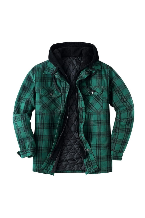 Mens Quilted Lined Button Down Hoodies Christmas Plaid Full Zip Shirt Jacket with Hood Warm Winter Coats,Red,XXXL