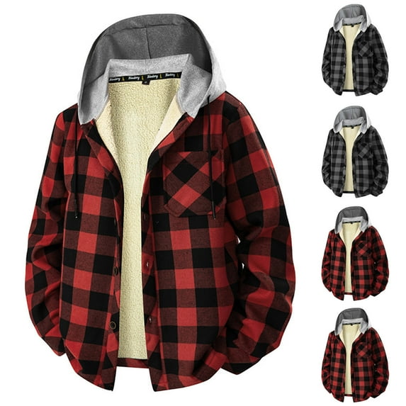 Txeol Mens Sherpa Lined Plaid Jacket Casual Button Down Drawstring Hoodies Winter Warm Fleece Shacket Outwears with Pocket,Red M