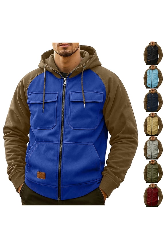 Mens Tactical Hoodies Zip Up Long Sleeve Workout Cargo Sweatshirts Color Block Jackets with Pockets,Gray,XL