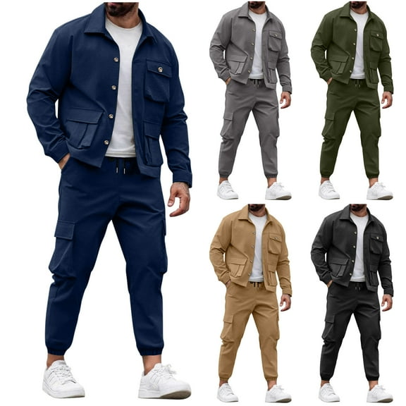 Txeol Mens Tracksuits Sets 2 Piece Long Sleeve Button Down Lightweight Jacket and Cargo Pants Sweatsuits with Multi Pockets L,Gray