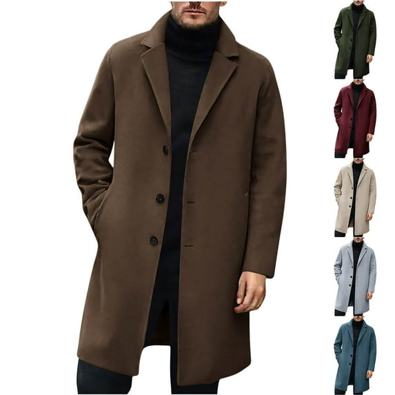 Txeol Mens Trench Coat Slim Fit Lapel Collar Fall Winter Single Breasted Pea Coat Vintage Warm Soft Overcoat with Pockets,Wine,M