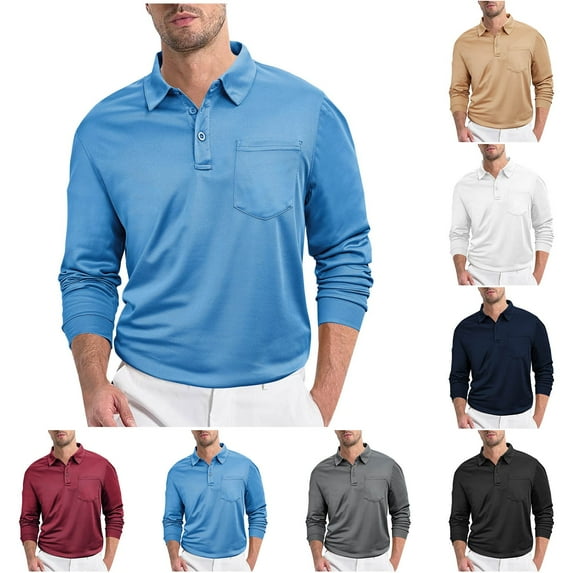 Txeol Mens Turndown Collar Shirt Long Sleeve Polo Shirts Casual Solid Color Classic Pullover,Light Blue,XXL
