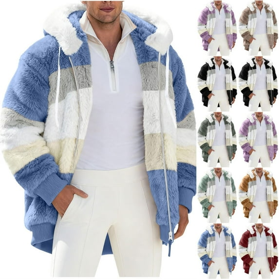 Txeol Mens Winter Fuzzy Fleece Jacket Hooded Color Block Patchwork Cardigan Coats Outerwear with Pockets Green XL