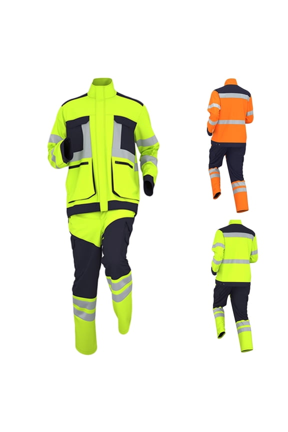 Mens Work Utility Sets 2 Piece Long Sleeve Reflective Workwear Mechanic Suit Windproof Waterproof High Visibility Coats and Pants XL Yellow