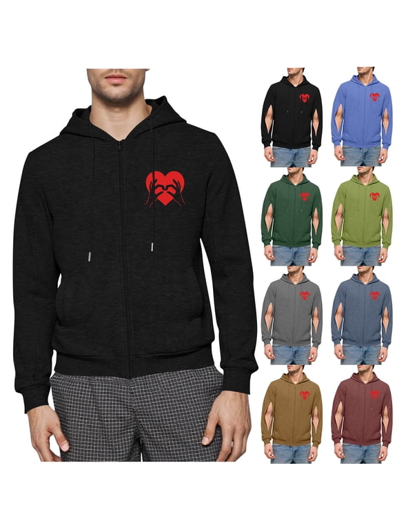 Mens Zip Up Hoodie with Arm Zipper Dialysis Active Workout Hooded Sweatshirt with Pockets Lightweight Outdoor Jacket,Black,L