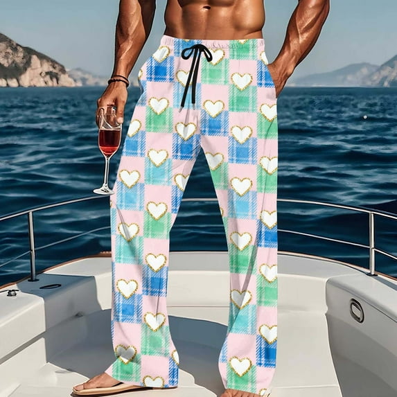 Txeol Plaid Pants for Men Love Heart Print Pajama Bottoms with Pockets Lightweight Straight Leg Drawstring Waist Lounge Pants,Pink,XXL