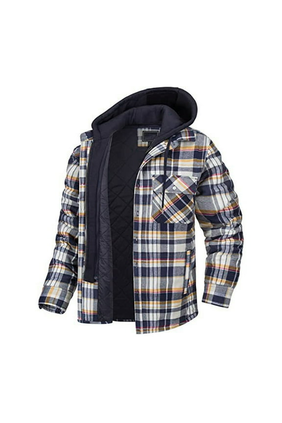 Plaid Shirt Jackets for Men Long Sleeve Quilt Lined Hooded Winter Coat Casual Button Up Shackets Hoodies with Pocket Orange XXXXXL