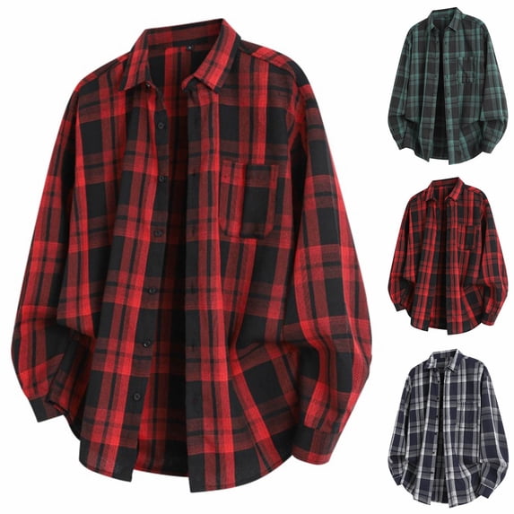 Txeol Plaid Shirts for Men Loose Fit Button Down Shirt Jacket Fall Long Sleeve Lapel Shacket Outerwear with Pocket,Navy,L