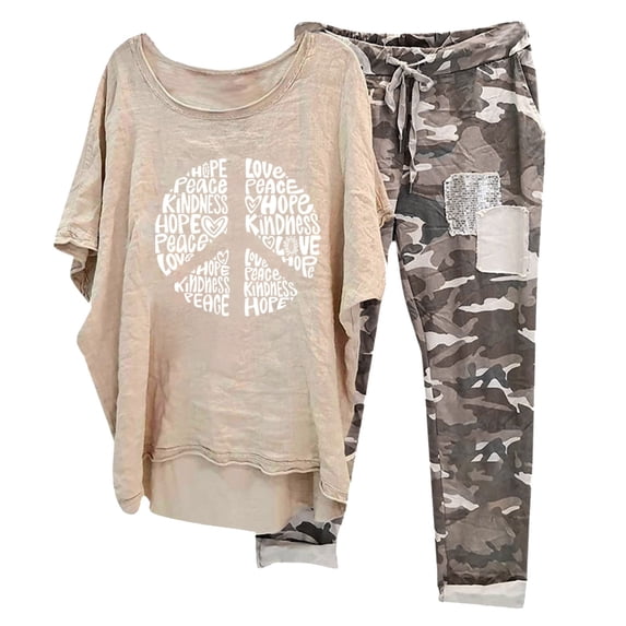 Txeol Plus Size Capri Sets for Women,Womens Linen Sets Two Piece Casual Oversized Short Sleeve Shirt and Camo Capri Pants Summer Outfits Lounge Sets