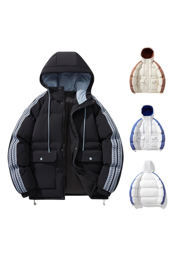 Puffer Coat Men with Hood Colorblock Striped Zipper Down Jackets with Snap Button Winter Outdoor Thicken Warm Hooded Coats White M