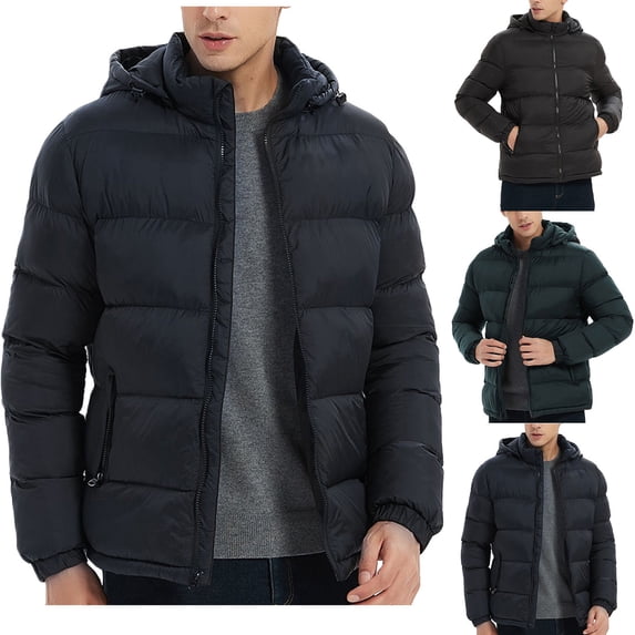 Txeol Puffer Jacket Men Full Zip Winter Warm Coat with Detachable Hood Outdoor Quilted Jackets,Navy,M
