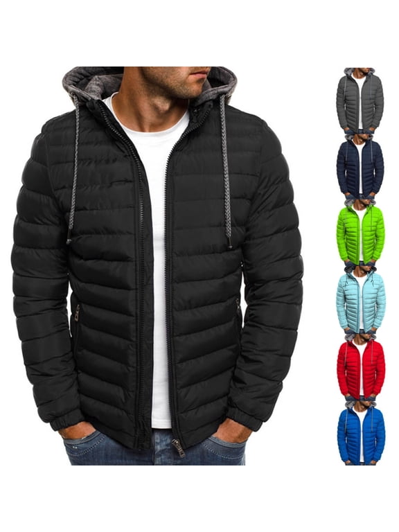 Puffer Jacket Men with Hood Warm Winter Full Zip Insulated Puffy Quilted Lined Coat Lightweight Packable Down Jackets,Navy,S