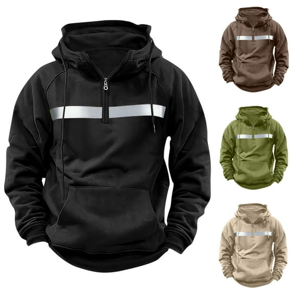 Txeol Quarter Zip Hoodies Men Long Sleeve Tactical Reflective Strip Sweatshirts with Pocket Casual Lightweight Drawstring Pullover,Beige,L
