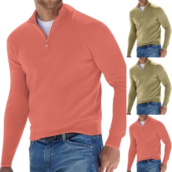 Txeol Quarter Zip Sweaters for Men Long Sleeve V Neck Pullover Tops Basic Solid Color Knit Golf Sweater,Pink,L