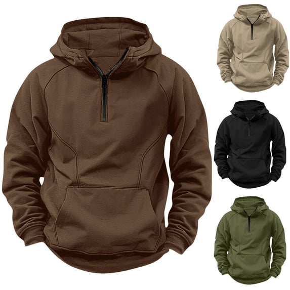 Txeol Quarter Zip Sweatshirts for Men Long Sleeve Solid Color Tactical Hoodies with Kangaroo Pocket,Brown,L