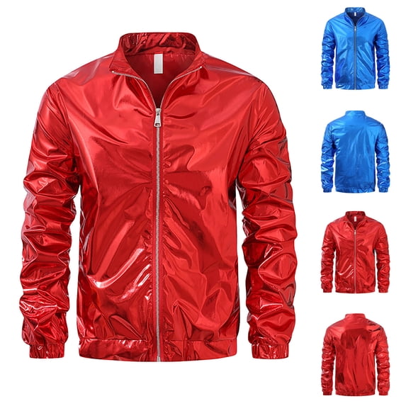Txeol Red Metallic Jacket for Men 70s Disco Party Varsity Jacket Zip Up Long Sleeve Shiny Lightweight Jackets with Pockets 2025,XXXL