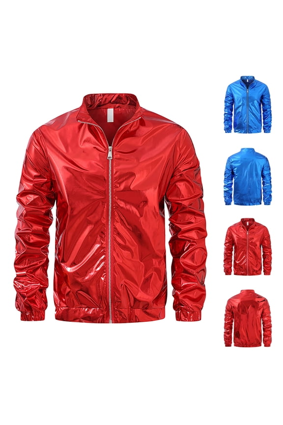Red Metallic Jacket for Men 70s Disco Party Varsity Jacket Zip Up Long Sleeve Shiny Lightweight Jackets with Pockets 2025,XXXXL