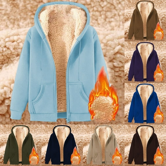 Txeol Sherpa Lined Hoodies for Women Zip Up Solid Color Jacket with Pockets Winter Warm Fleece Sweatshirts,Blue,XXXL