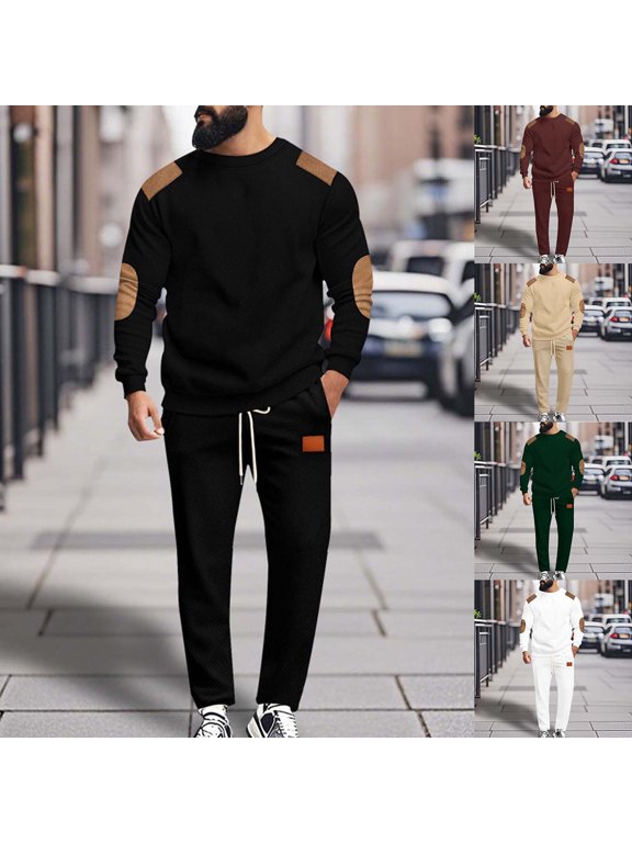 Sweatsuit Set for Men 2 Piece Crew Neck Pullover Sweatshirts with Elbow Patches and Drawstring Sweatpants Sets Lightweight Outdoor Track Suits,M,Khaki