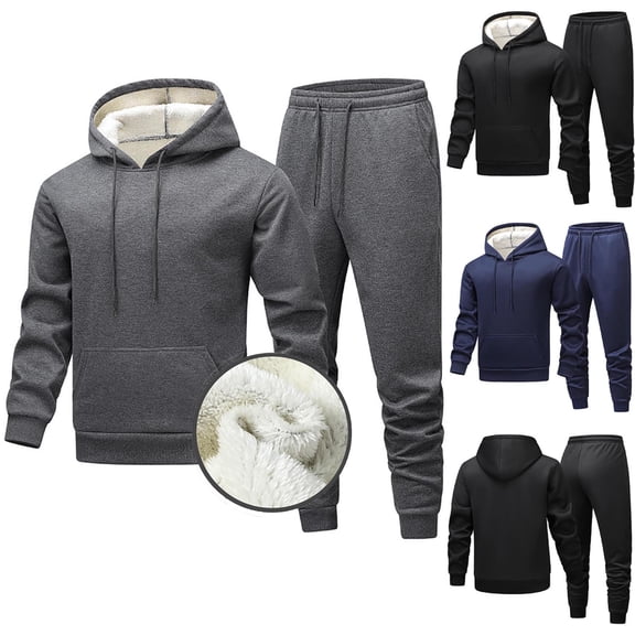 Txeol Sweatsuits Men 2 Piece Outfit Hoodie Sherpa Lined Drawstring Sweatshirts and Drawstring Pants Sets Solid Color Winter Thermal Track Suits Black S