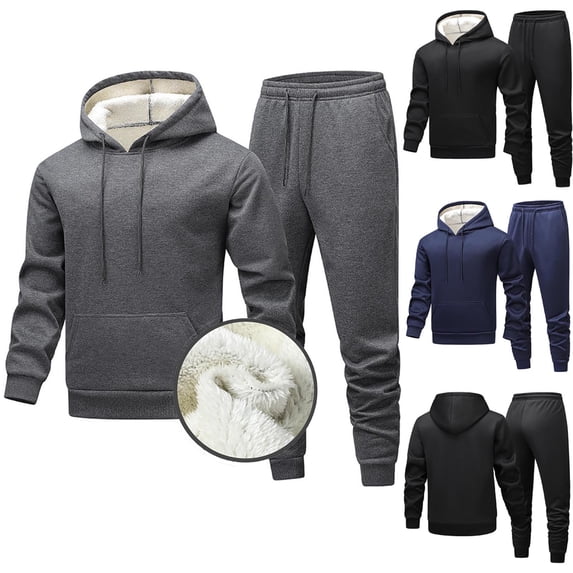 Txeol Sweatsuits Men 2 Piece Outfit Hoodie Sherpa Lined Drawstring Sweatshirts and Drawstring Pants Sets Solid Color Winter Thermal Track Suits Dark Gray,XS