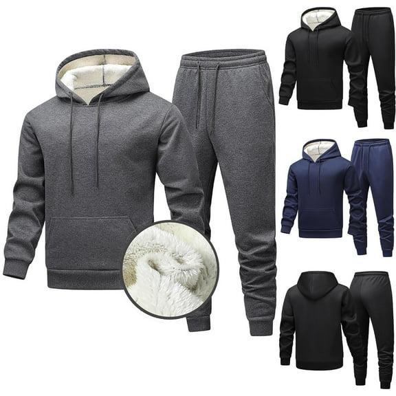 Txeol Sweatsuits Men 2 Piece Outfit Hoodie Sherpa Lined Drawstring Sweatshirts and Drawstring Pants Sets Solid Color Winter Thermal Track Suits Dark Gray,XXL