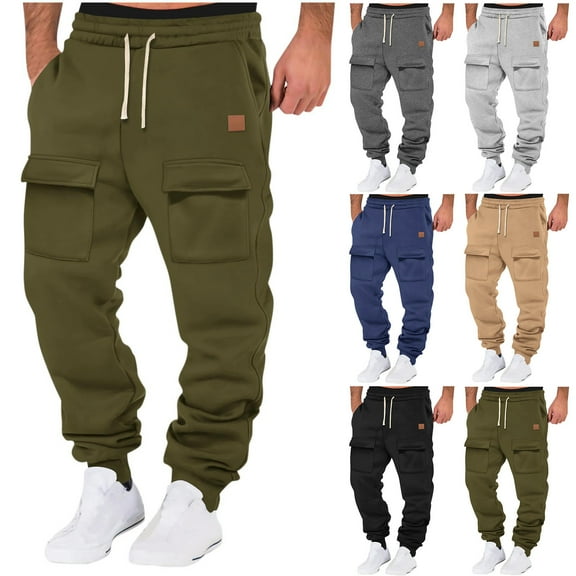 Txeol Tactical Cargo Pants for Men Big and Tall Elastic Waist Drawstring Tapered Pants with Pockets,Khaki,L