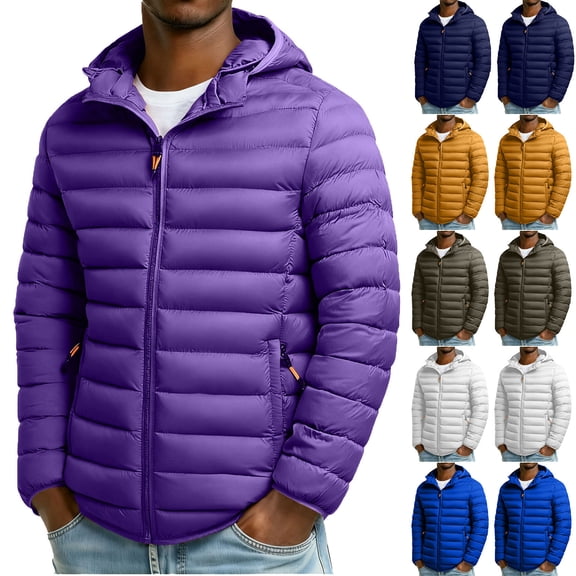 Txeol Windproof Puffer Jacket Men Detachable Hood Warm Down Coat Winter Lightweight Zip Up Quilted Jackets with Zipper Pockets,Dark Blue,M