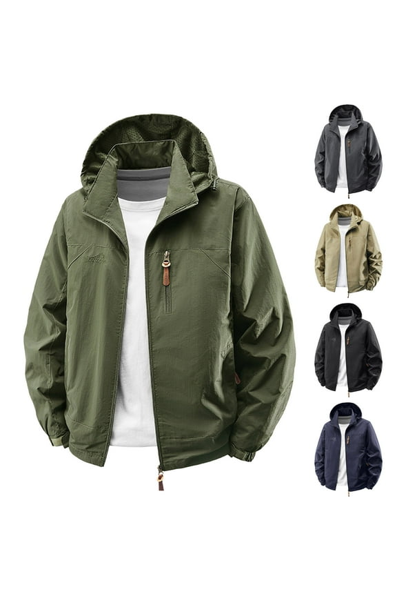 Windproof Rain Jacket Men Lightweight Waterproof Hooded Windbreaker Zip Up Outdoor Athletic Work Jackets with Pockets,Army Green,M