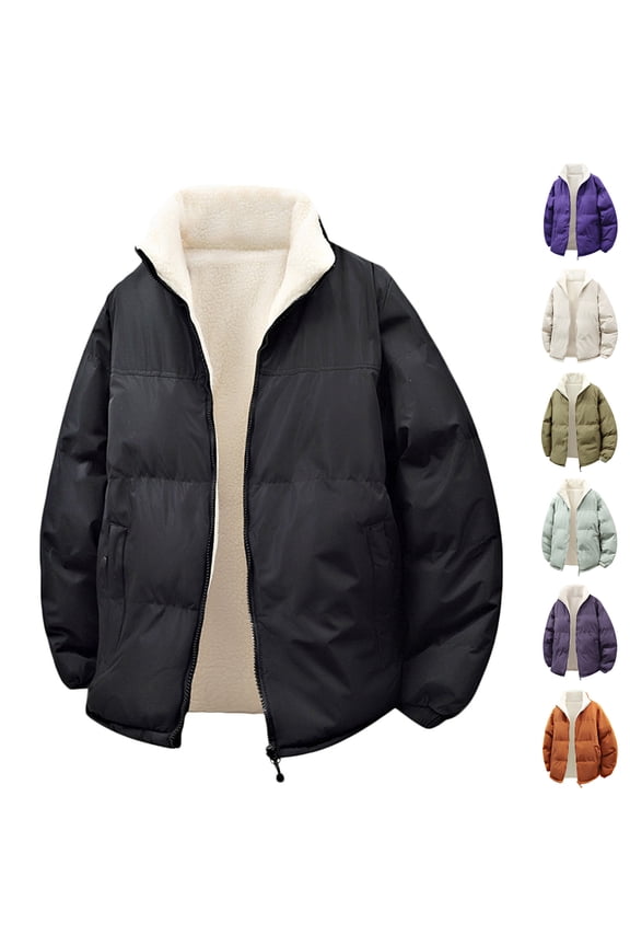 Winter Men's Jacket Solid Hooded Wool Warm Polar Fleece Reversible Outerwear Parkas Jacket Thick Warm Windbreaker,Black,M