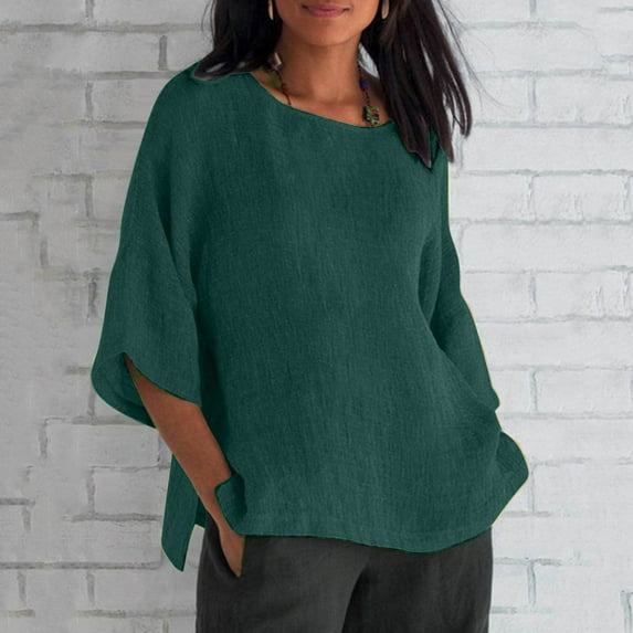 Txeol Women Green Linen 3/4 Sleeve Blouse,Linen Shirts for Women Oversized Side Split Casual Loose Fit Round Neck Tees 2024 Summer Blouse Plus Size Women's Linen Shirts