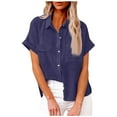 thumbnail image 1 of Txeol Womens Button Down Cotton Linen Shirts V Neck Roll Up Short Sleeve Blouses Loose Collared Shirt Summer Casual Tops 2024 Purple,M, 1 of 6